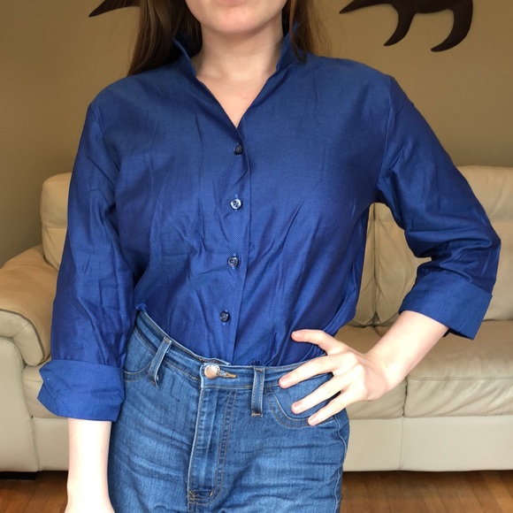 Talbots blue textured button down blouse - Picture 5 of 9